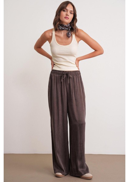 4697 Kadın Eskitme Bağcıklı Saten Bol Paça Palazzo Pantolon Kahve modelleri