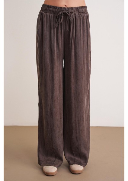 4697 Kadın Eskitme Bağcıklı Saten Bol Paça Palazzo Pantolon Kahve indirimleri