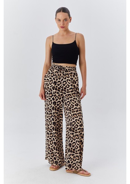 4546 Kadın Leopar Desen Saten Palazzo Pantolon Bej