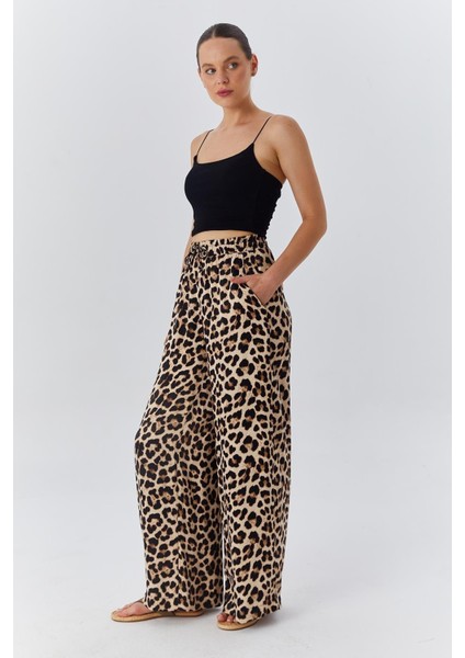 4546 Kadın Leopar Desen Saten Palazzo Pantolon Bej fiyatları