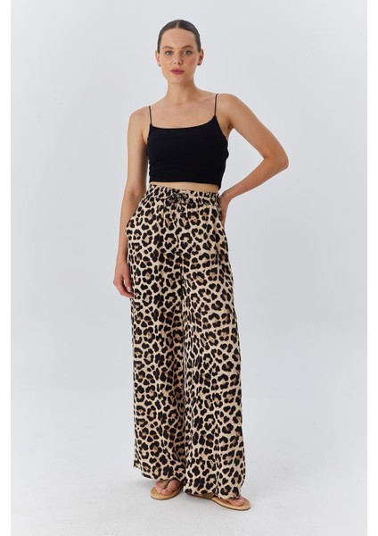 4546 Kadın Leopar Desen Saten Palazzo Pantolon Bej modelleri
