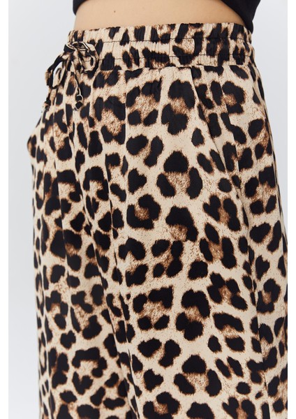 4546 Kadın Leopar Desen Saten Palazzo Pantolon Bej indirimleri