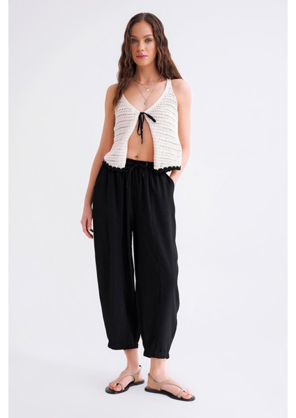 4307 Kadın Beli Lastikli Parçalı Şalvar Pantolon Siyah