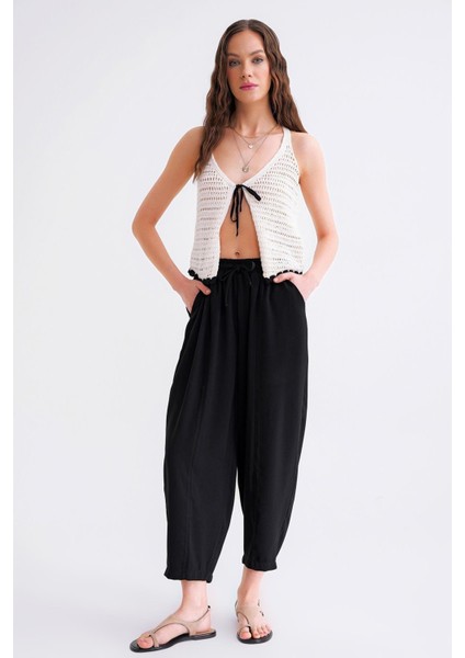 4307 Kadın Beli Lastikli Parçalı Şalvar Pantolon Siyah fiyatları