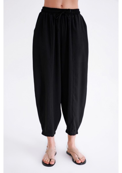 4307 Kadın Beli Lastikli Parçalı Şalvar Pantolon Siyah modelleri