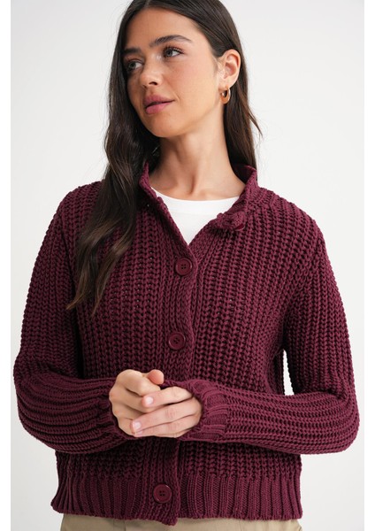 6936 Kadın Selanik Düğmeli Regular Fit Triko Hırka Bordo