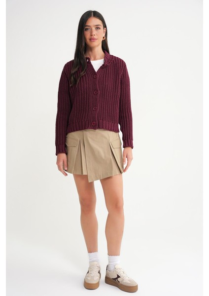 6936 Kadın Selanik Düğmeli Regular Fit Triko Hırka Bordo fiyatları