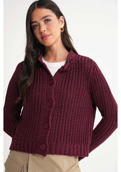 6936 Kadın Selanik Düğmeli Regular Fit Triko Hırka Bordo modelleri