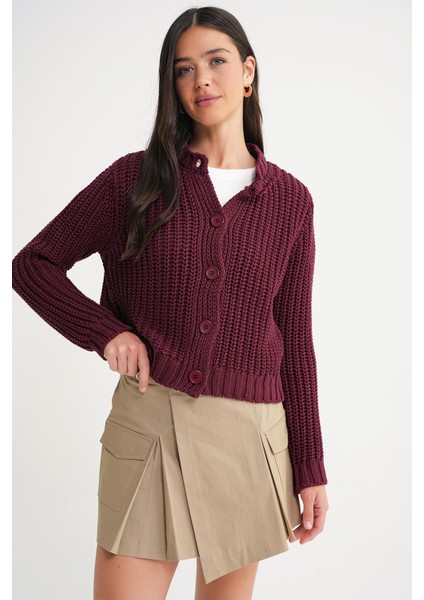 6936 Kadın Selanik Düğmeli Regular Fit Triko Hırka Bordo fırsatları