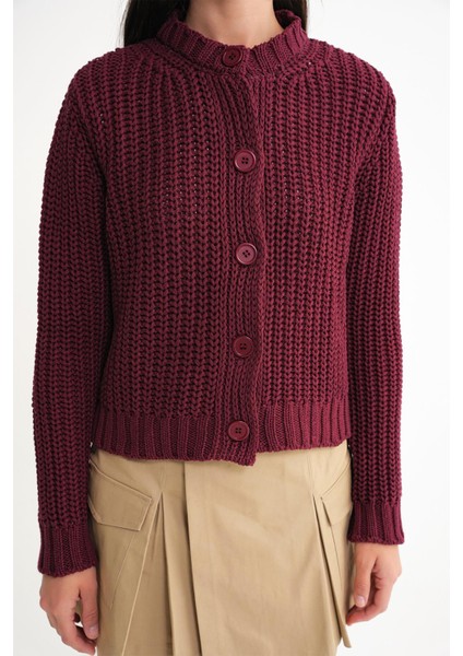 6936 Kadın Selanik Düğmeli Regular Fit Triko Hırka Bordo indirimleri