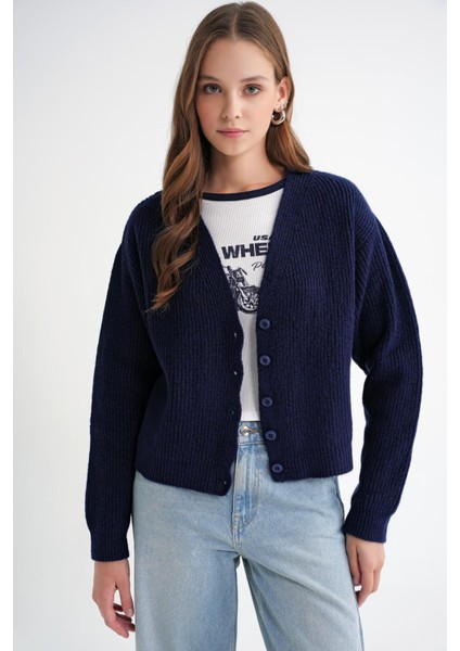 6943 Kadın V Yaka Selanik Hırka Lacivert