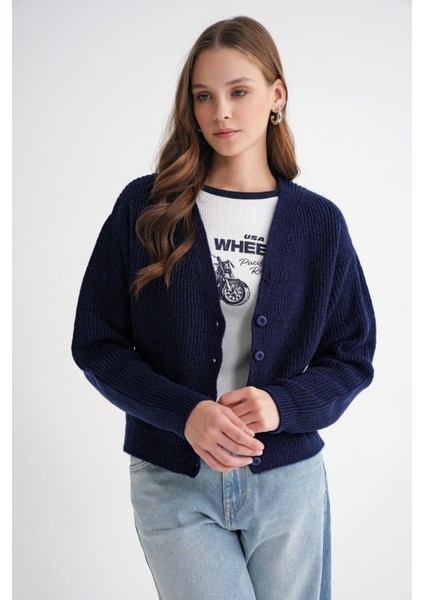 6943 Kadın V Yaka Selanik Hırka Lacivert modelleri