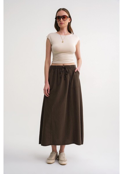 4633 Kadın Yandan Cepli Parçalı Etek Haki