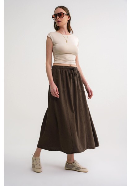 4633 Kadın Yandan Cepli Parçalı Etek Haki fiyatları