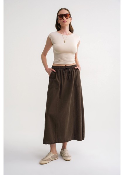 4633 Kadın Yandan Cepli Parçalı Etek Haki modelleri