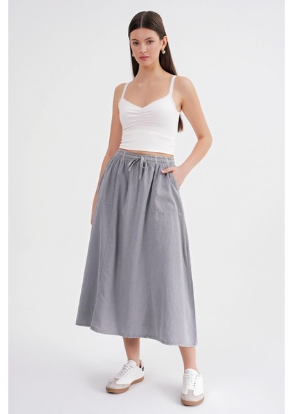 4633 Kadın Yandan Cepli Parçalı Etek Gri