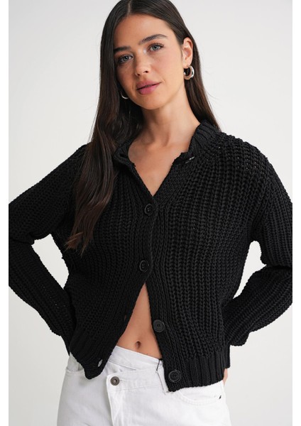 6936 Kadın Selanik Düğmeli Regular Fit Triko Hırka Siyah