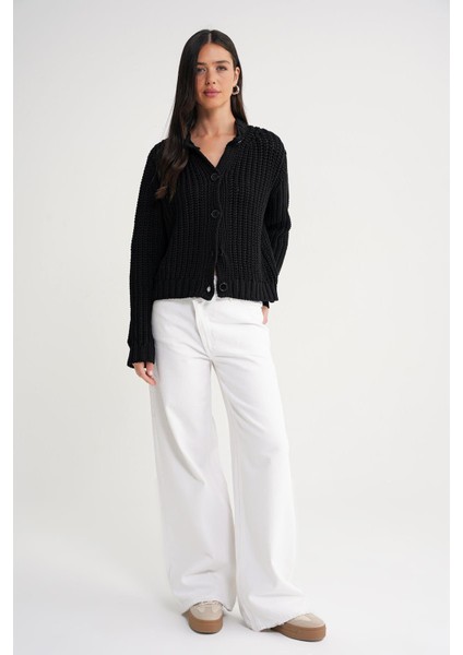 6936 Kadın Selanik Düğmeli Regular Fit Triko Hırka Siyah fiyatları