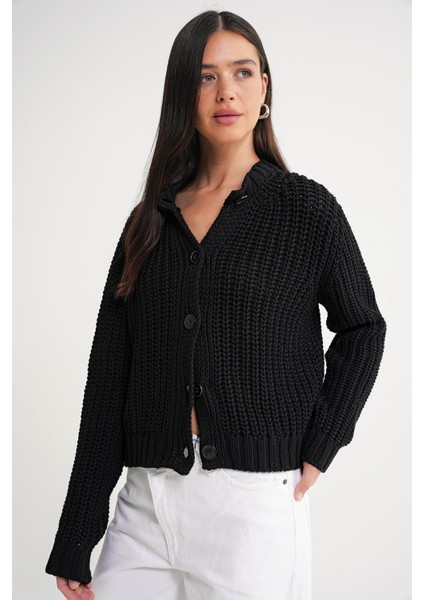 6936 Kadın Selanik Düğmeli Regular Fit Triko Hırka Siyah modelleri