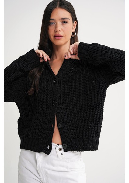 6936 Kadın Selanik Düğmeli Regular Fit Triko Hırka Siyah fırsatları