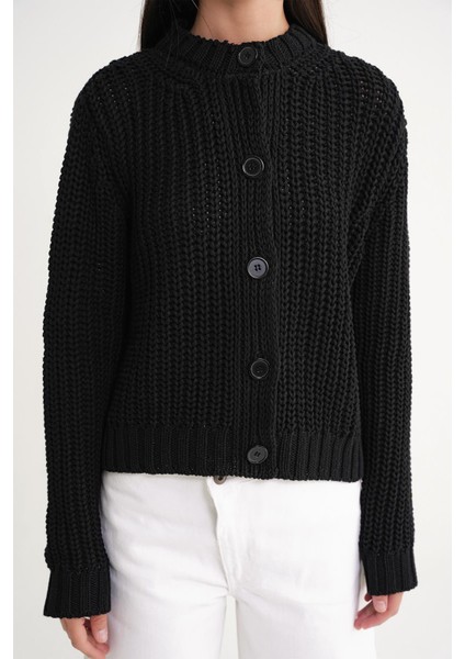 6936 Kadın Selanik Düğmeli Regular Fit Triko Hırka Siyah indirimleri