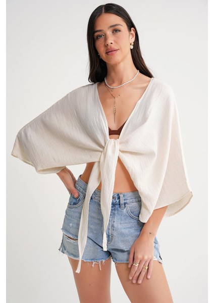 4723 Kadın Önü Bağlamalı Bolero Bluz Naturel