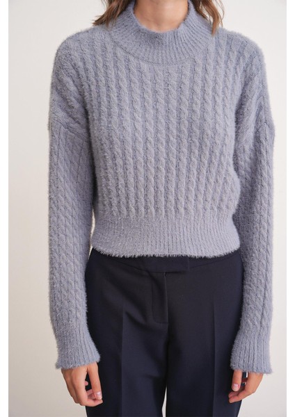 6893 Kadın Saç Örgülü Sakallı Crop Triko Kazak Gri fırsatları