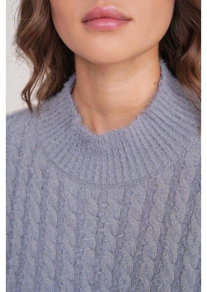 6893 Kadın Saç Örgülü Sakallı Crop Triko Kazak Gri indirimleri