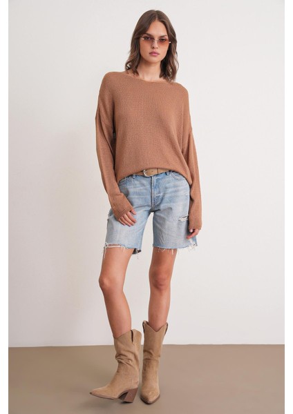 6933 Kadın Kayık Yaka Ince Mevsimlik Triko Kazak Camel fiyatları