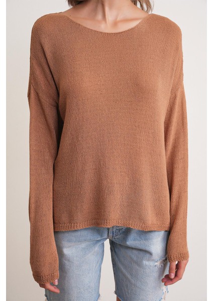 6933 Kadın Kayık Yaka Ince Mevsimlik Triko Kazak Camel fırsatları