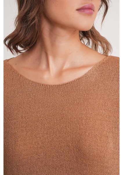 6933 Kadın Kayık Yaka Ince Mevsimlik Triko Kazak Camel indirimleri