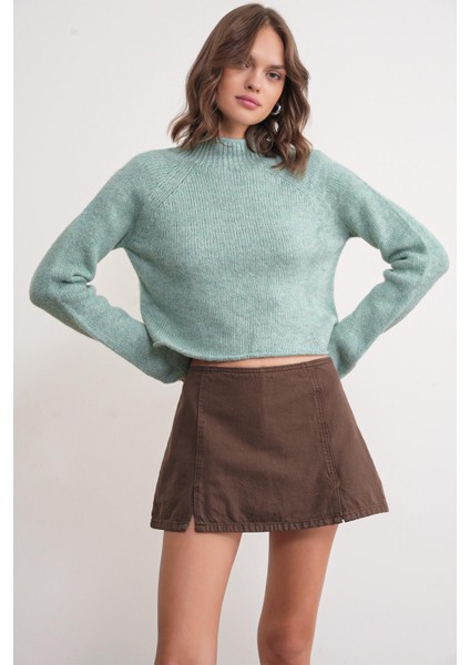 6854 Kadın Dik Yaka Bütün Crop Triko Kazak Mint