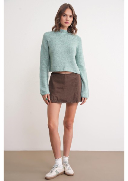 6854 Kadın Dik Yaka Bütün Crop Triko Kazak Mint fiyatları