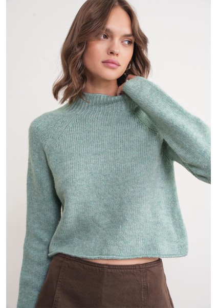 6854 Kadın Dik Yaka Bütün Crop Triko Kazak Mint modelleri