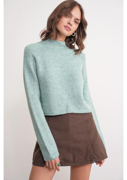6854 Kadın Dik Yaka Bütün Crop Triko Kazak Mint fırsatları