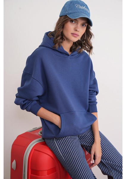 2022 Unisex 3iplik Basic Polarlı Kapüşonlu Sweatshirt Hoodie Lacivert