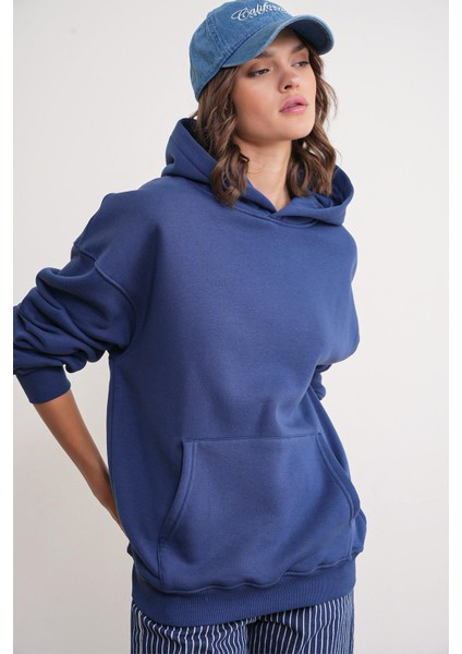 2022 Unisex 3iplik Basic Polarlı Kapüşonlu Sweatshirt Hoodie Lacivert fırsatları