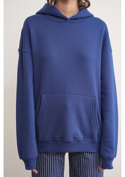 2022 Unisex 3iplik Basic Polarlı Kapüşonlu Sweatshirt Hoodie Lacivert indirimleri