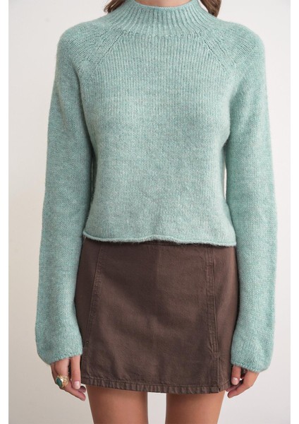 6854 Kadın Dik Yaka Bütün Crop Triko Kazak Mint indirimleri