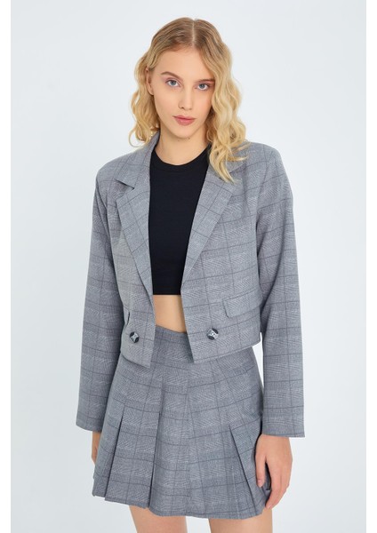 4581 Kadın Ekoseli Crop Ceket Gri