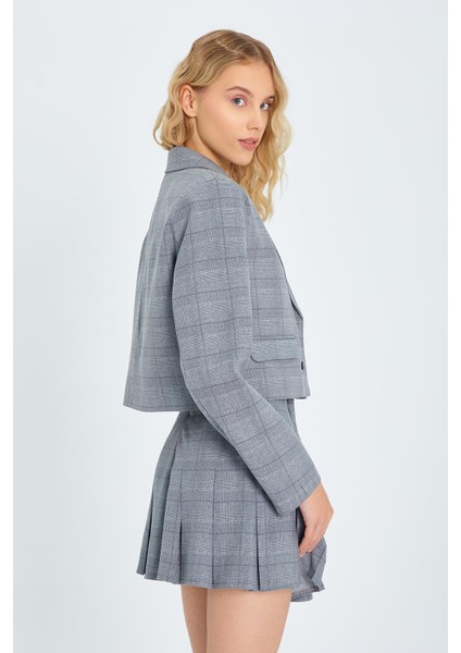 4581 Kadın Ekoseli Crop Ceket Gri indirimleri