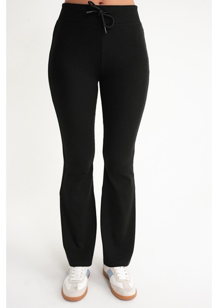 2017 Kadın Yüksek Bel Ispanyol Paça Örme Bağcıklı Tayt Siyah fırsatları