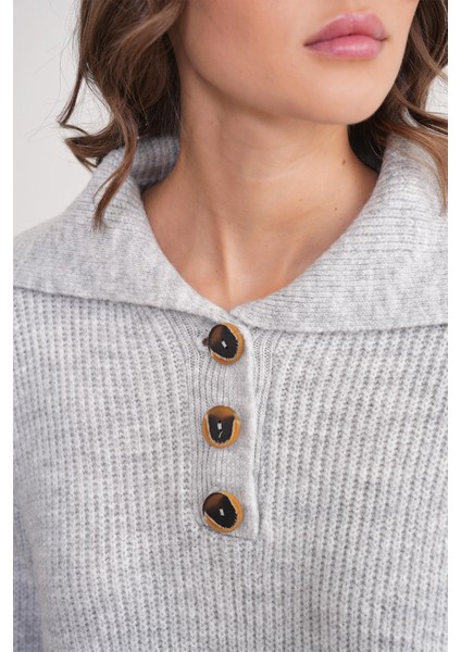 6900 Kadın Düğmeli Devrik Yaka Triko Kazak Gri indirimleri