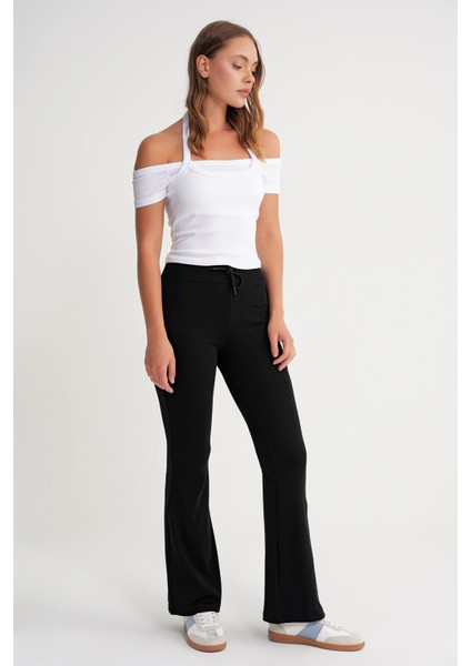 2017 Kadın Yüksek Bel Ispanyol Paça Örme Bağcıklı Tayt Siyah modelleri