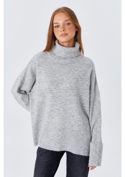 6828 Kadın Double Kol Balıkçı Triko Kazak Gri