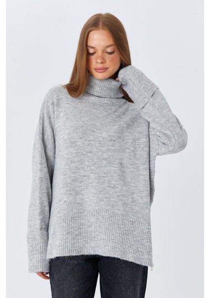 6828 Kadın Double Kol Balıkçı Triko Kazak Gri indirimleri