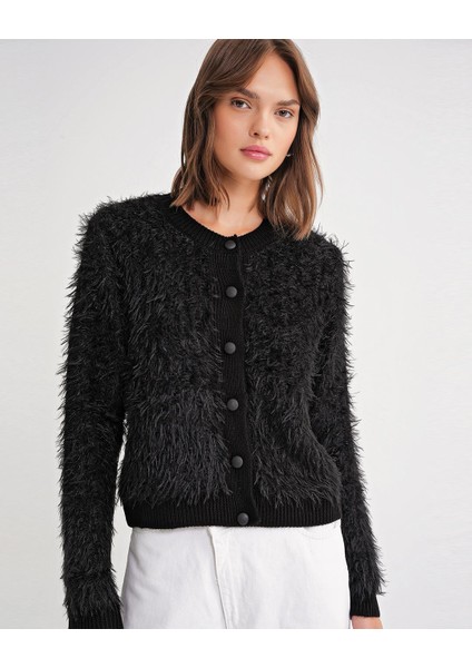 6897 Kadın Uzun Sakallı Bant Detaylı Triko Hırka Siyah