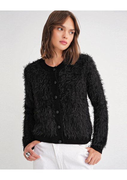 6897 Kadın Uzun Sakallı Bant Detaylı Triko Hırka Siyah fiyatları