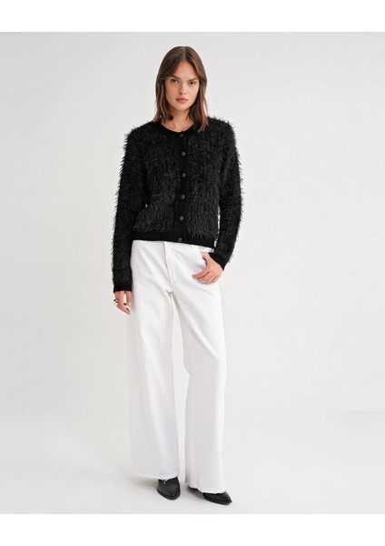 6897 Kadın Uzun Sakallı Bant Detaylı Triko Hırka Siyah modelleri