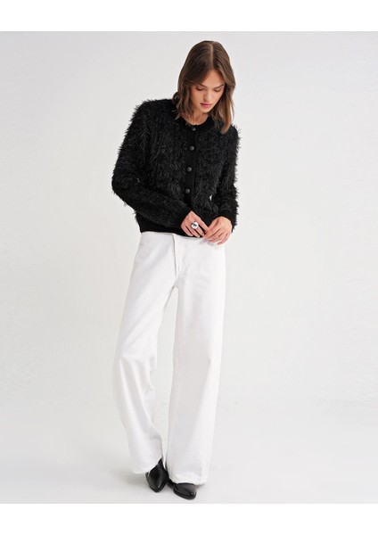 6897 Kadın Uzun Sakallı Bant Detaylı Triko Hırka Siyah fırsatları